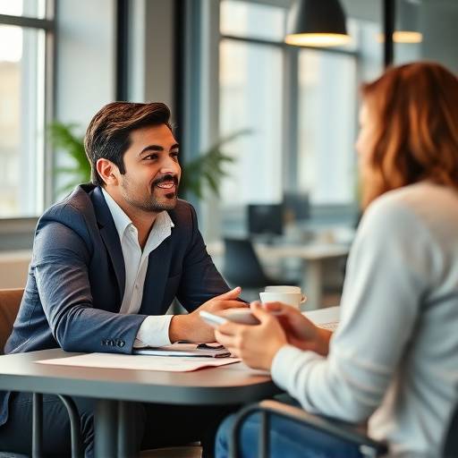 Un mentor dando consejos a un emprendedor en una oficina moderna.